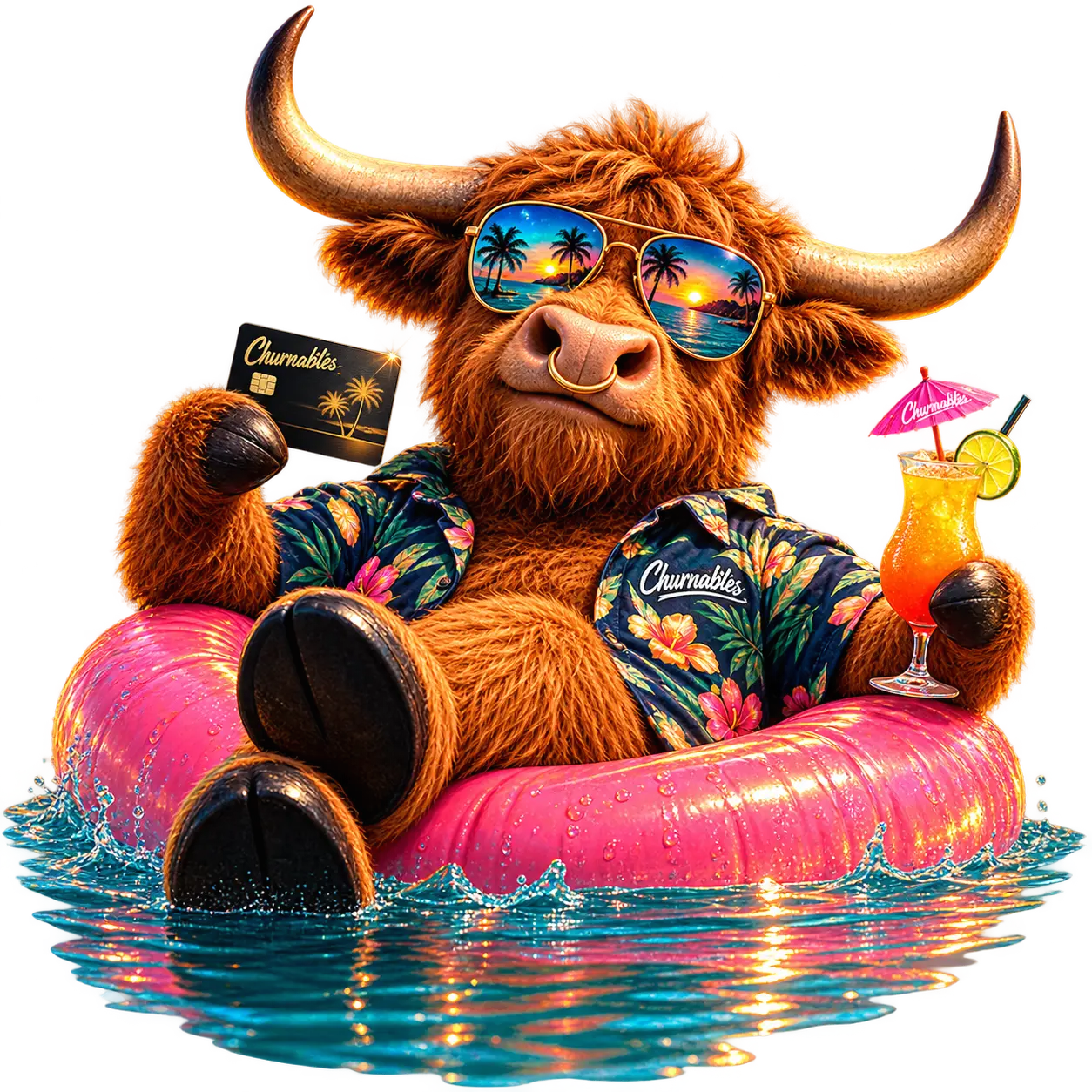Buck the highland cow floating in a pink inner tube with sunglasses and a tropical drink.